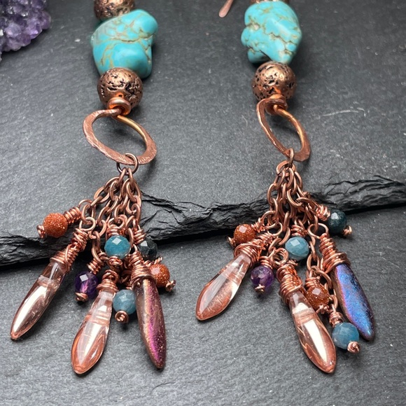 Artisan Turquoise Hand Wired Copper Fringe Dangle Earrings - Picture 6 of 14